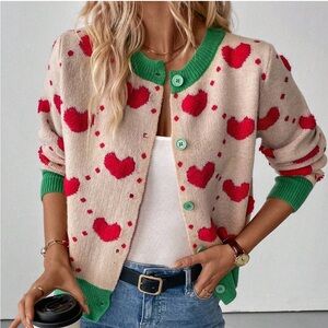 Heart Patterned Cardigan Sweater Green Red Cream Button Up S NEW Knit Crochet